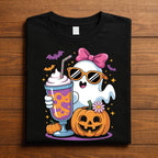 Kawaii Ghost Shirt with Pumpkin and Drink, Cute Spooky Season Tee