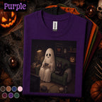 Ghost Gamer Halloween Shirt, Cute Gaming Ghost and Black Cat Tee, Cozy Spooky Season Shirt, Retro Gamer Halloween Gift Tee