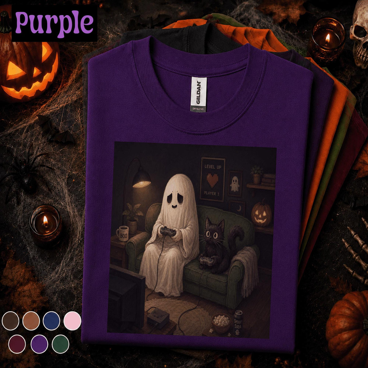 Ghost Gamer Halloween Shirt, Cute Gaming Ghost and Black Cat Tee, Cozy Spooky Season Shirt, Retro Gamer Halloween Gift Tee