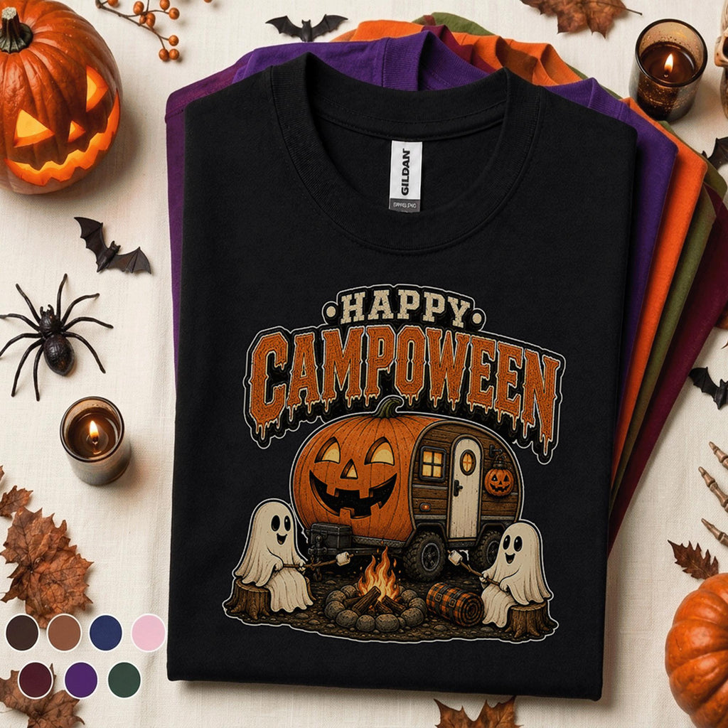 Happy Campoween Halloween Camping Shirt, Cute Ghost Camper Tee