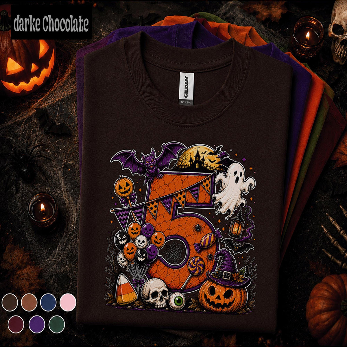 5th Birthday Halloween Shirt, Spooky Number 5 Tee, October Birthday Party Shirt, Ghost Pumpkin Witch Kids Halloween Gift for Girls Boys