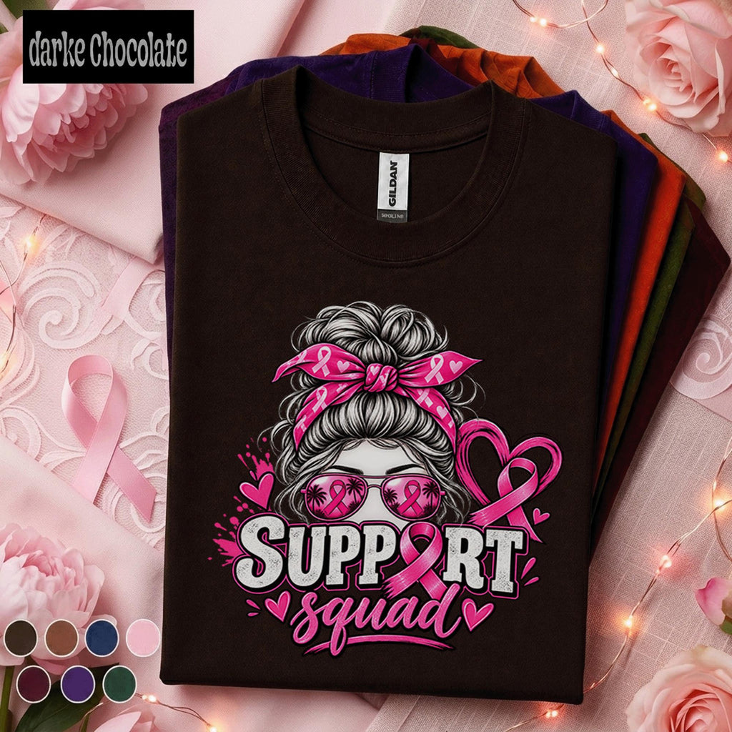 Breast Cancer Awareness Shirt, Support Squad Pink Ribbon Tee, Messy Bun Supporter Shirt, Pink October Cancer Fighter Family Gift
