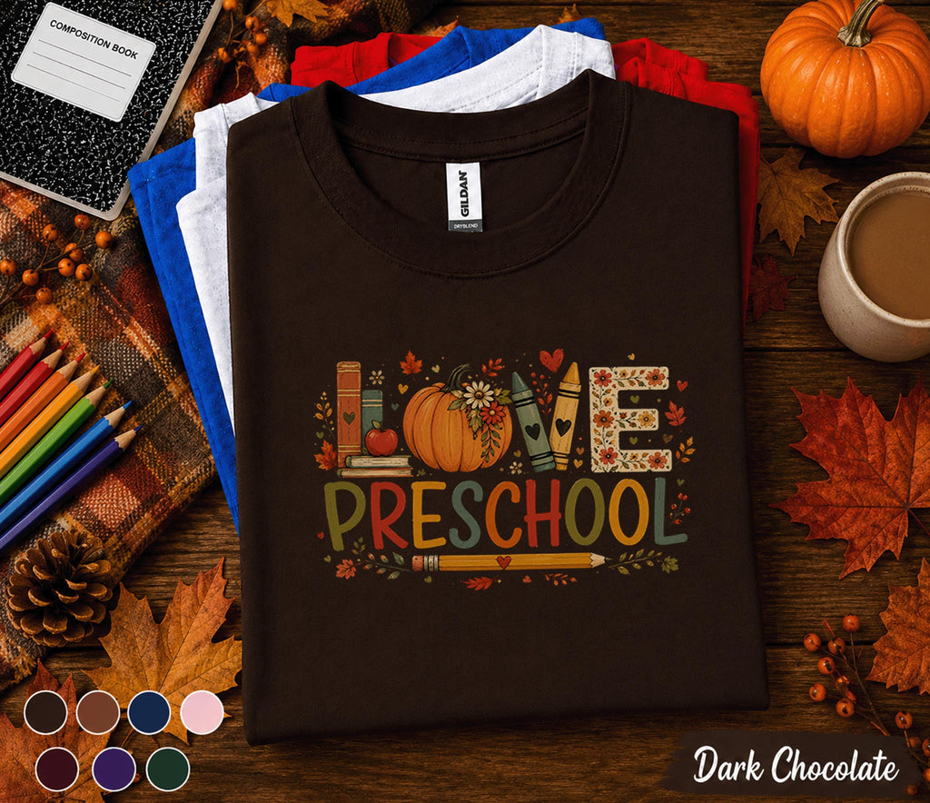 Love Preschool Teacher Shirt, Fall Preschool Pumpkin Tee, Cute Autumn Classroom, Back to School Teacher Gift T-Shirt