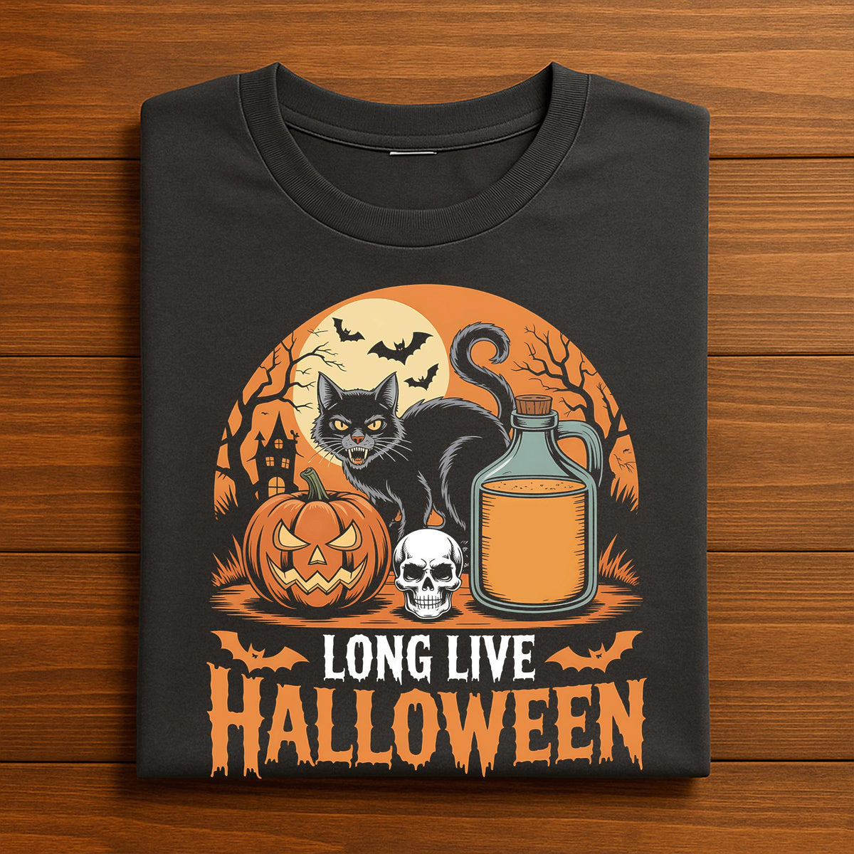 Long Live Halloween Shirt, Black Cat Pumpkin Skull Tee, Retro Spooky Season Shirt, Vintage Halloween T-Shirt, Black Cat halloween shirt