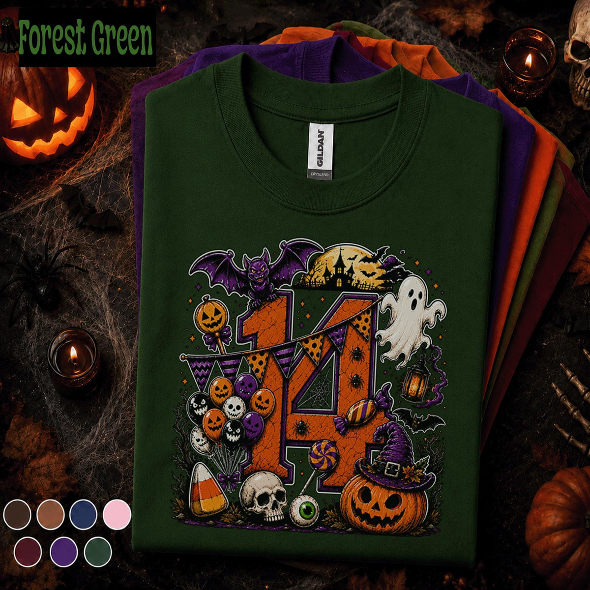 14th Birthday Halloween Shirt, Spooky Number 14 Tee, October Birthday Party Shirt, Ghost Pumpkin Witch Teen Halloween Birthday Gift