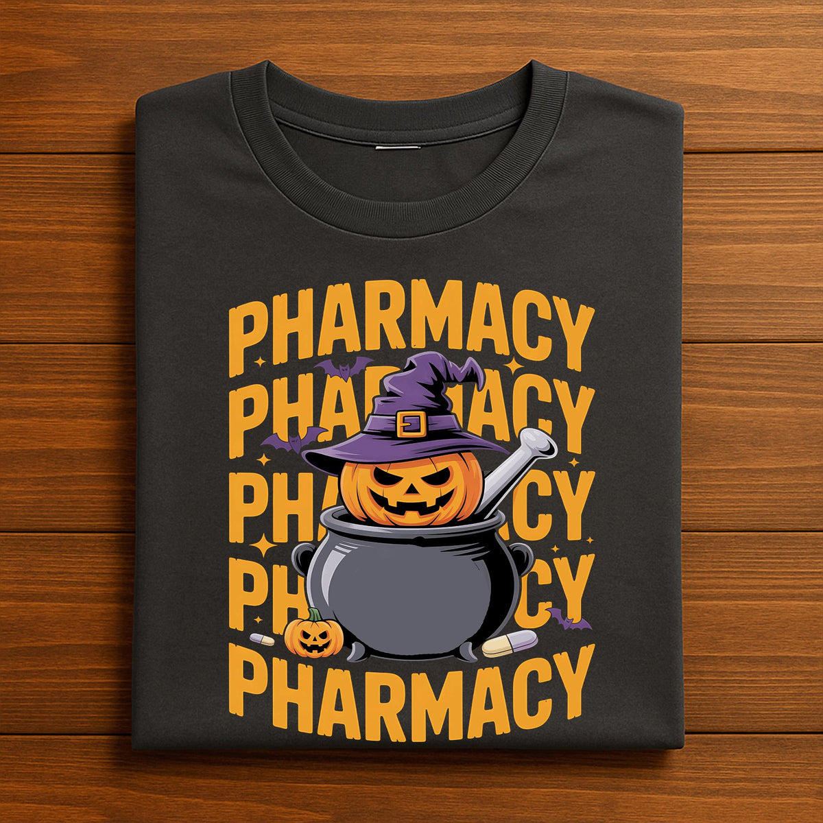 Pharmacy Halloween Shirt, Pumpkin Pharmacist in Cauldron with Witch Hat and Bats
