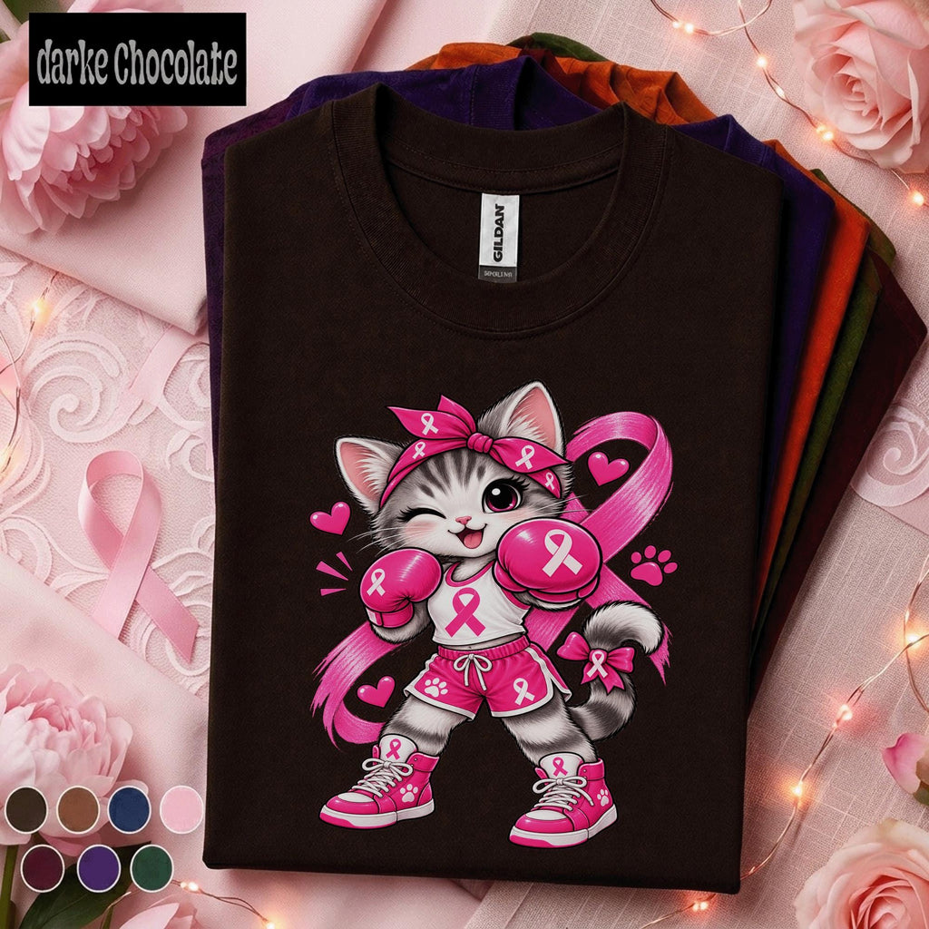 Breast Cancer Awareness Shirt, Cute Boxing Cat Pink Ribbon Tee, Cancer Fighter Support Shirt, Pink October Warrior Gift for Women Tee