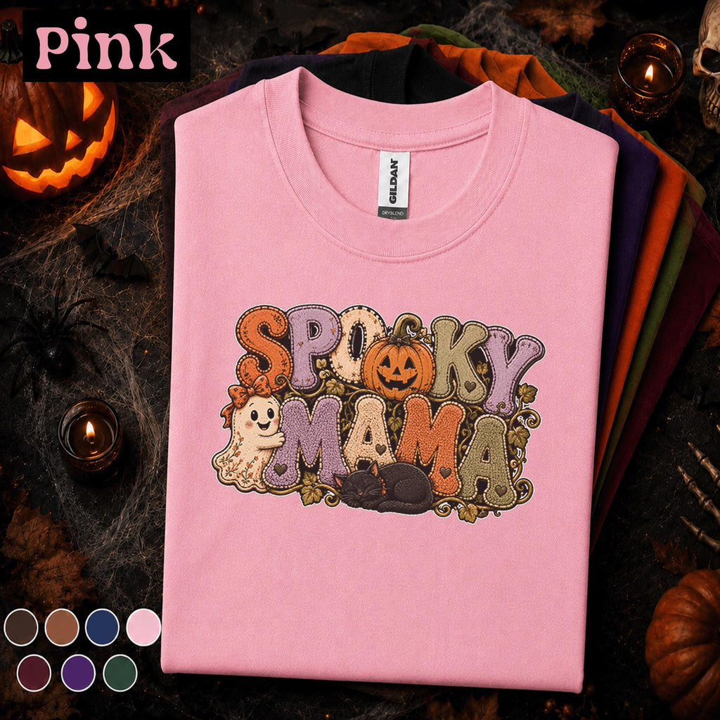 Spooky Mama Halloween Shirt, Cute Ghost Pumpkin Cat Tee, Retro Halloween Mom Shirt, Cozy Fall Spooky Season Gift for Mom