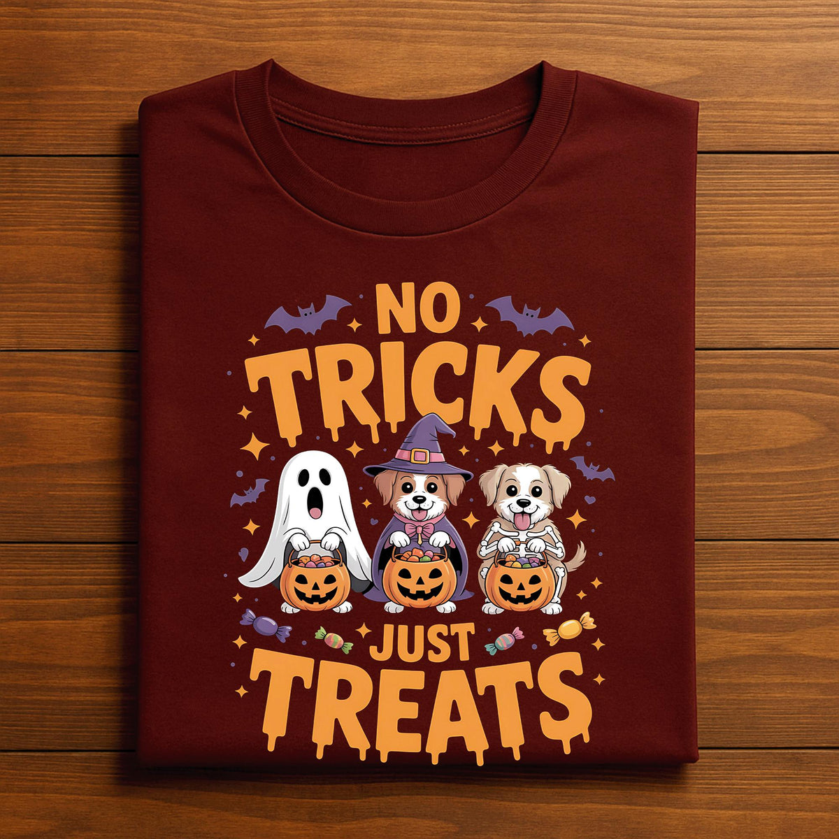 No Tricks Just Treats Shirt, Cute Halloween Dogs in Ghost Witch Skeleton Costumes Holding Pumpkin, Funny Dog Halloween Shirt, Dog Sweatshirt