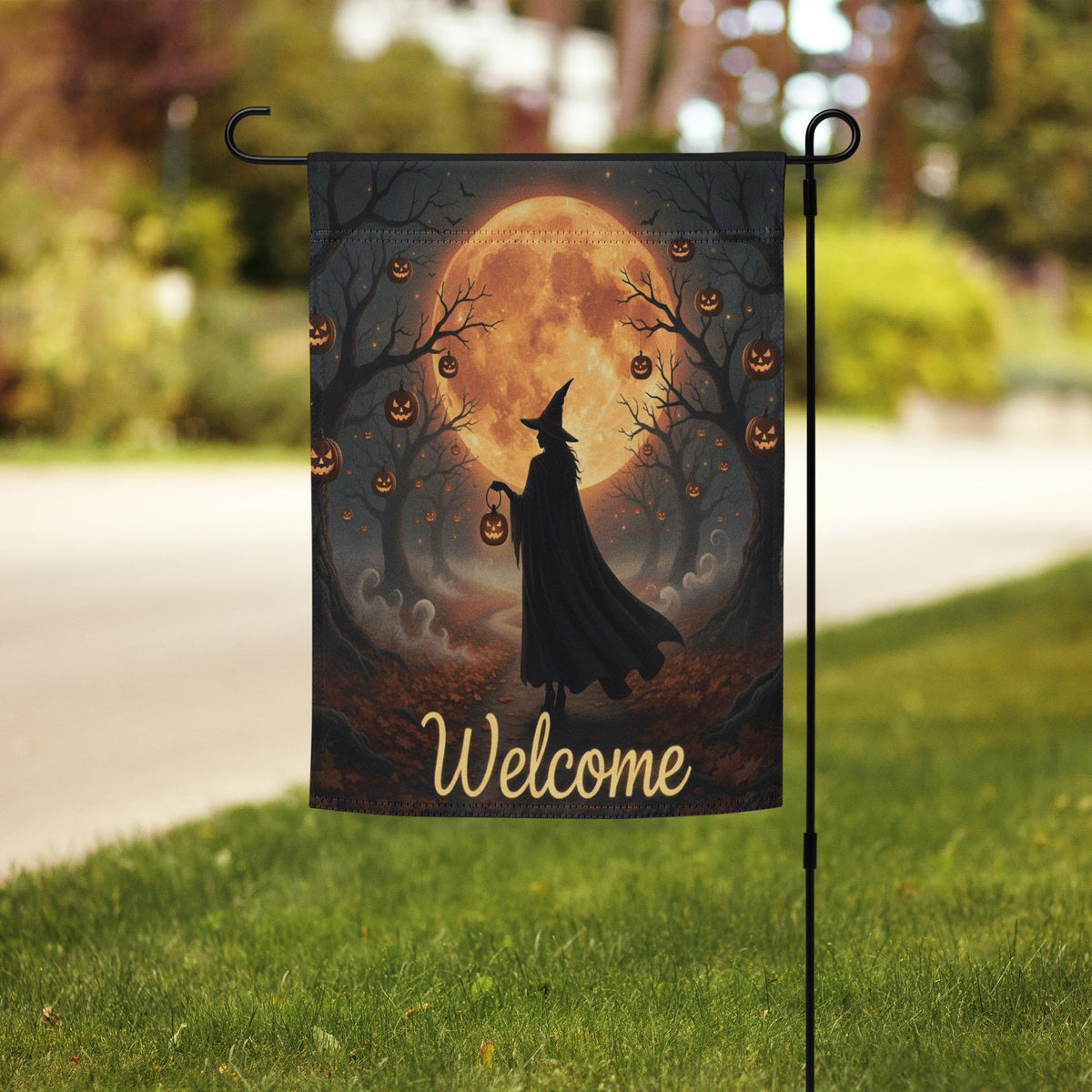Witch Halloween Garden Flag with Pumpkin Lantern and Blood Moon, Spooky Welcome Yard Decor, Gothic Fall Outdoor Sign for Haunted House Vibes