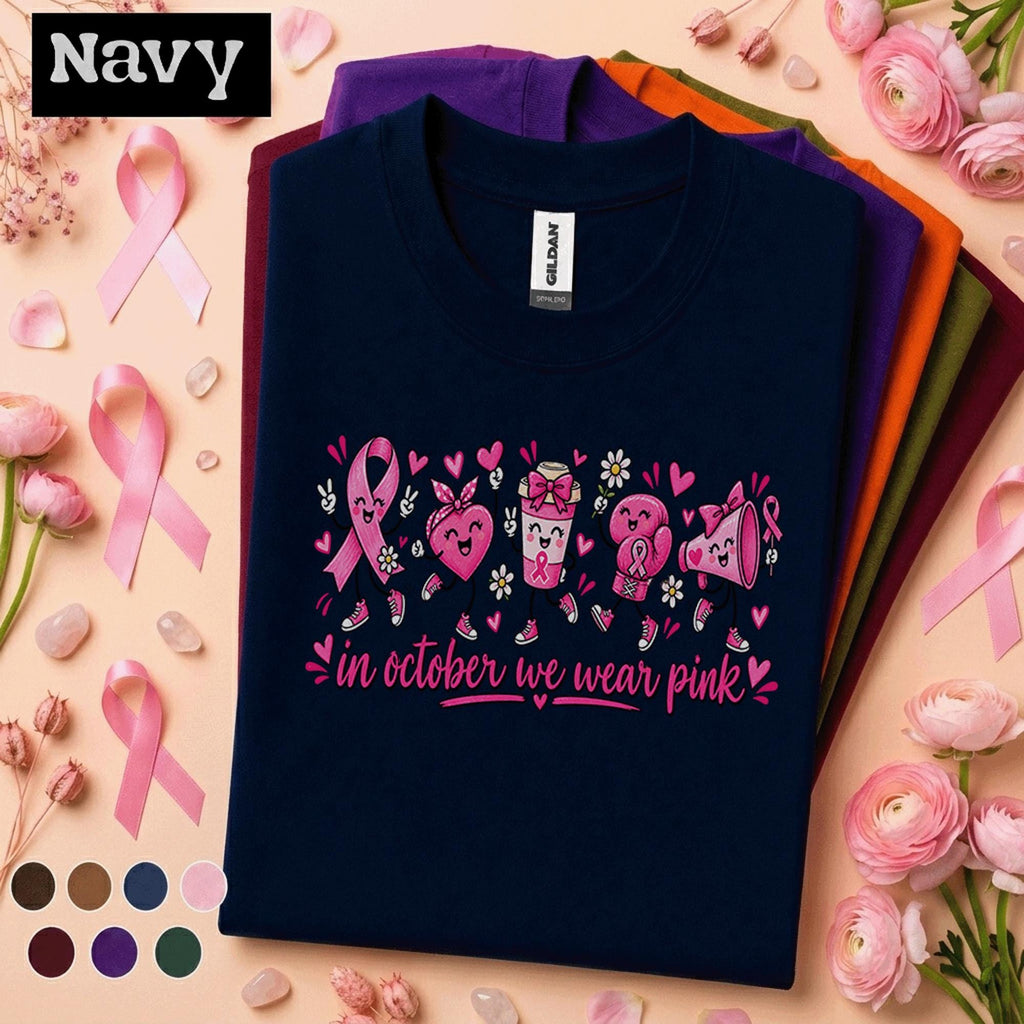 Breast Cancer Awareness Shirt, In October We Wear Pink Tee, Cute Pink Ribbon Characters Shirt, Survivor Fighter Support Gift for Women