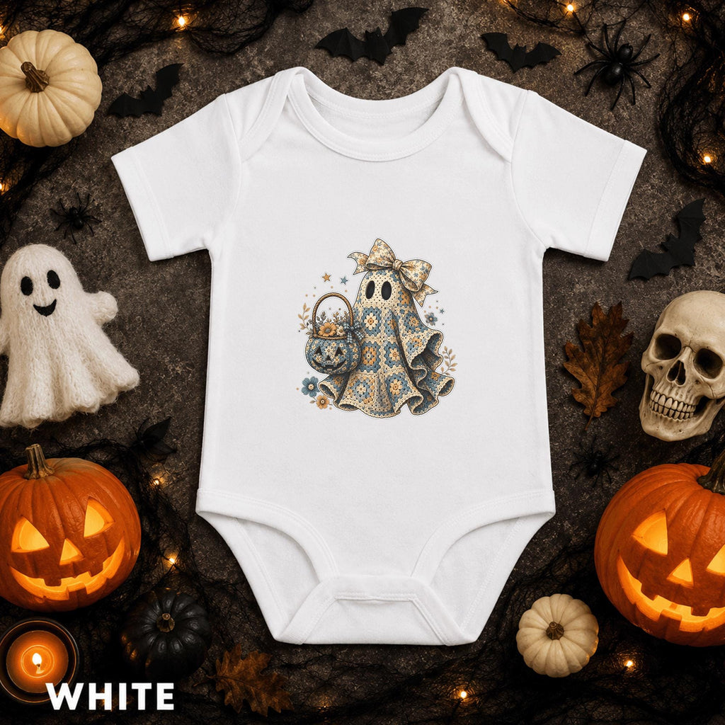 Crochet Ghost Halloween Baby Bodysuit, Floral Bow Infant Onesie, Vintage Spooky Baby Girl Outfit, First Halloween Gift for Baby Girl