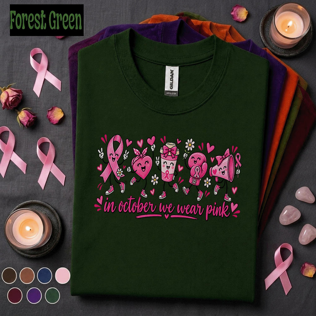 Breast Cancer Awareness Shirt, In October We Wear Pink Tee, Cute Pink Ribbon Characters Shirt, Survivor Fighter Support Gift for Women