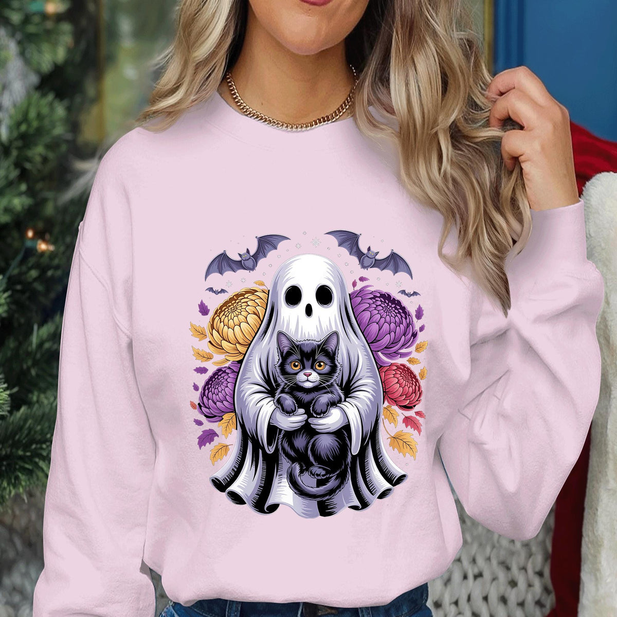Ghost Black Cat Shirt, Halloween Spooky Floral Bat Tee, Haunted Cute Spirit, Cat Halloween Shirt Girl, Halloween Cat Sweatshirt For Women