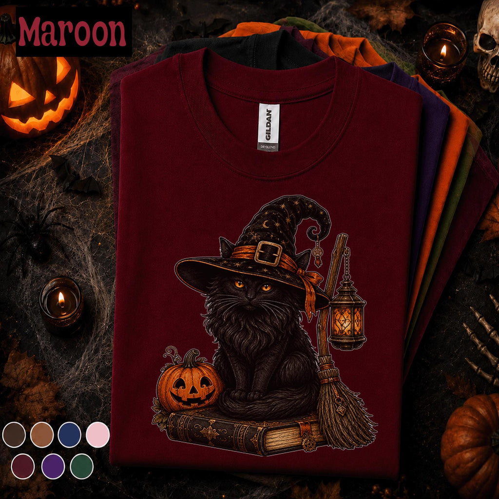 Black Cat Witch Halloween Shirt, Spooky Witchy Cat Tee, Pumpkin Magic Graphic Shirt, Gothic Fall Cat Lover Gift, Vintage Halloween Tee