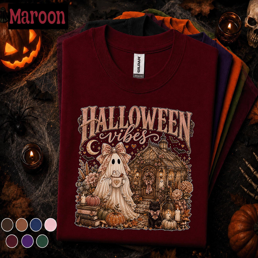 Halloween Vibes Ghost Shirt, Cozy Spooky Season Tee, Cute Cottagecore Ghost T Shirt, Vintage Fall Pumpkin Shirt, Autumn Ghost Lover Gift