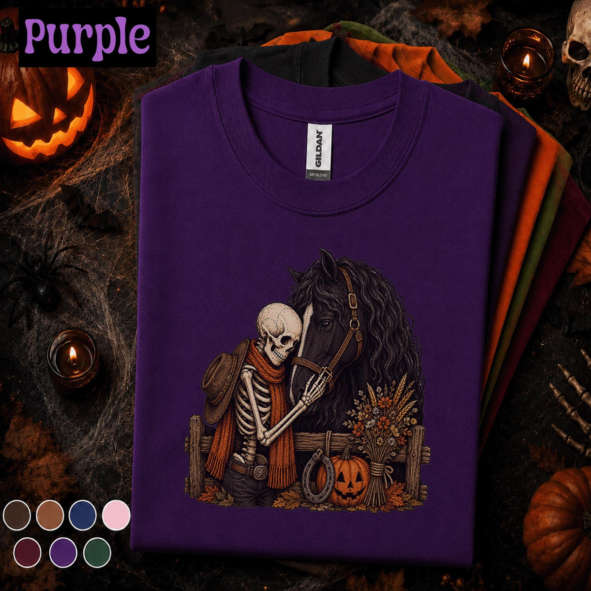 Skeleton Horse Halloween Shirt, Spooky Equestrian Tee, Western Cowboy Skeleton Gift, Black Horse Pumpkin Fall Rider Gothic Shirt Tee