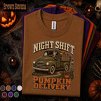 Night Shift Pumpkin Delivery Halloween Shirt, Skeleton Truck Driver Tee, Spooky Trucker Gift, Vintage Fall Pickup Truck Halloween T-Shirt