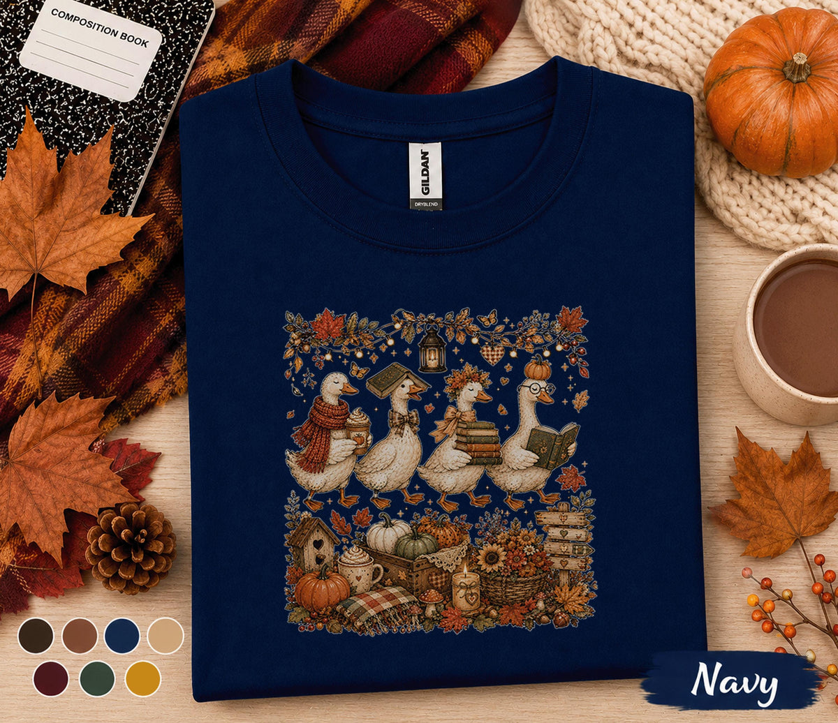 Cute Autumn Goose Shirt, Cozy Fall Reading Goose Tee, Cottagecore Duck Pumpkin T-Shirt, Book Lover Thanksgiving Gift, Harvest Season Outfit