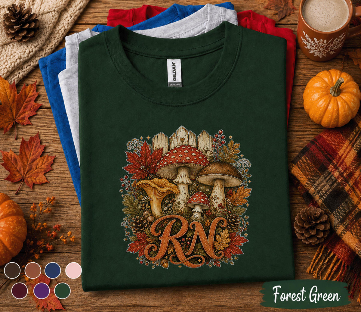 Fall RN Nurse Shirt, Autumn Mushroom RN Tee, Woodland Nurse Shirt, Cozy Registered Nurse Gift, Medical Fall Sweatshirt, Healthcare Worker