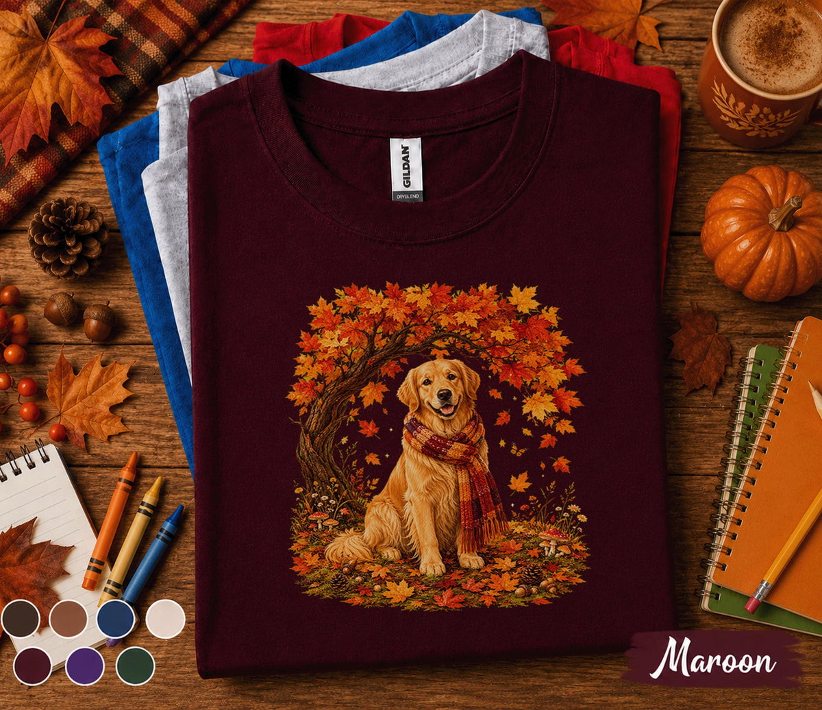 Golden Retriever Fall Shirt, Cozy Autumn Dog Tee, Golden Retriever Pumpkin Sweatshirt, Fall Leaves Scarf Puppy Shirt, Thanksgiving Pet Gift