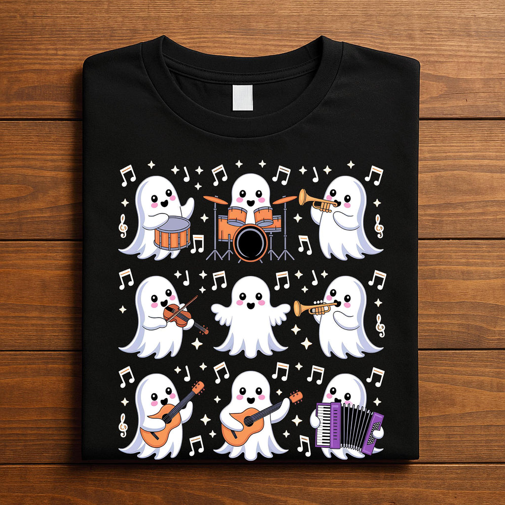 Halloween Music Teacher Ghost Playing Musical Instruments, cute ghost halloween music teacher shirt
