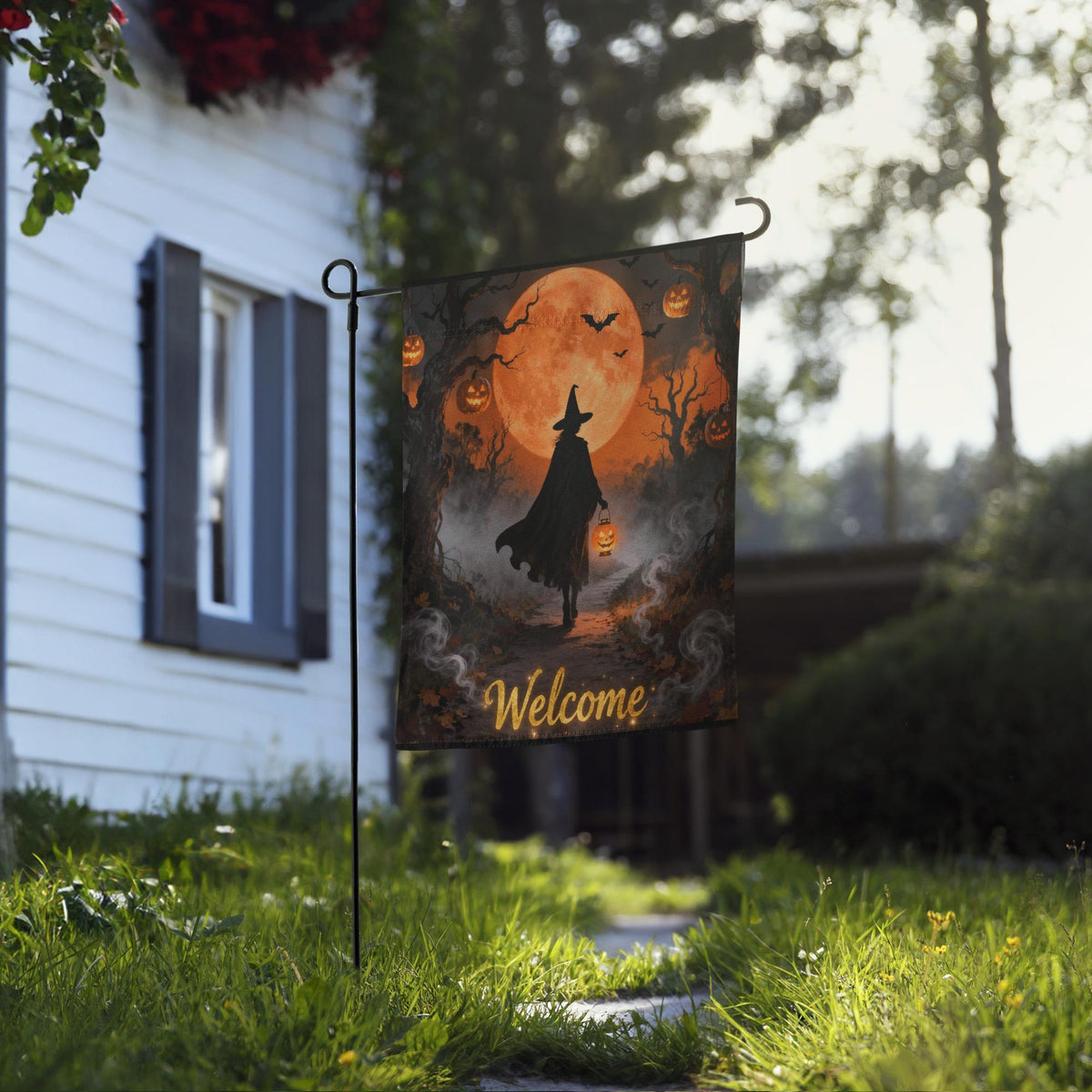 Halloween Witch Garden Flag with Full Moon, Personalized Outdoor Banner, Custom Yard Sign for Porch - Eerie Fall Halloween Party Decoration