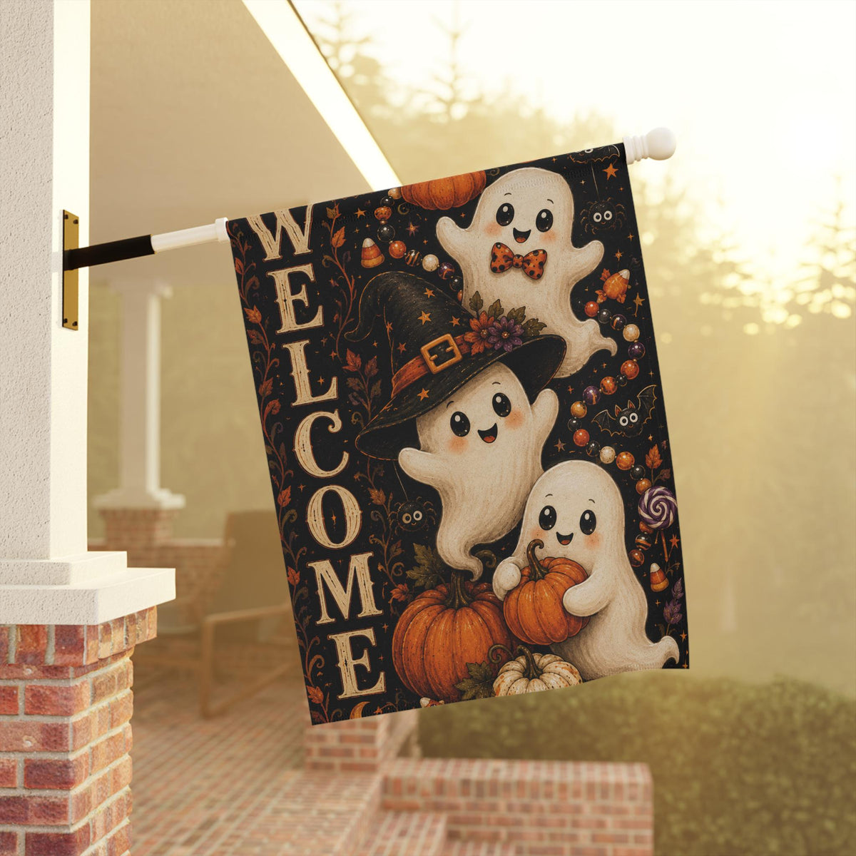 Cute Ghost Halloween Garden Flag, Welcome Witch Pumpkin Yard Decor, Spooky Ghost Outdoor Flag, Whimsical Halloween Porch Decoration