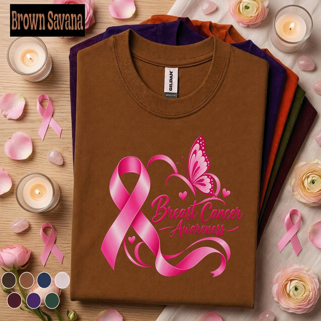Breast Cancer Awareness Shirt, Pink Ribbon Butterfly Tee, October Pink Out Shirt, Inspirational Cancer Support Awareness Gift for Women