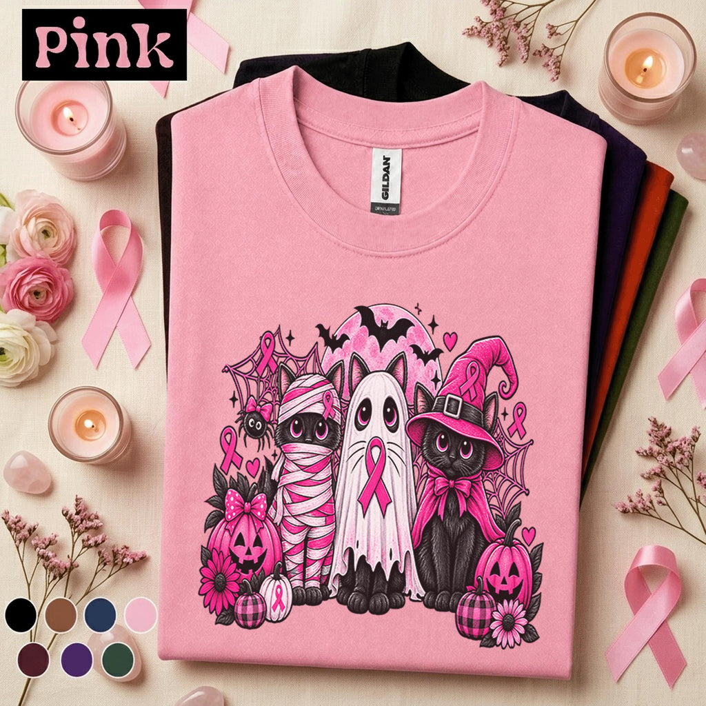 Breast Cancer Awareness Halloween Shirt, Pink Ribbon Black Cat Tee