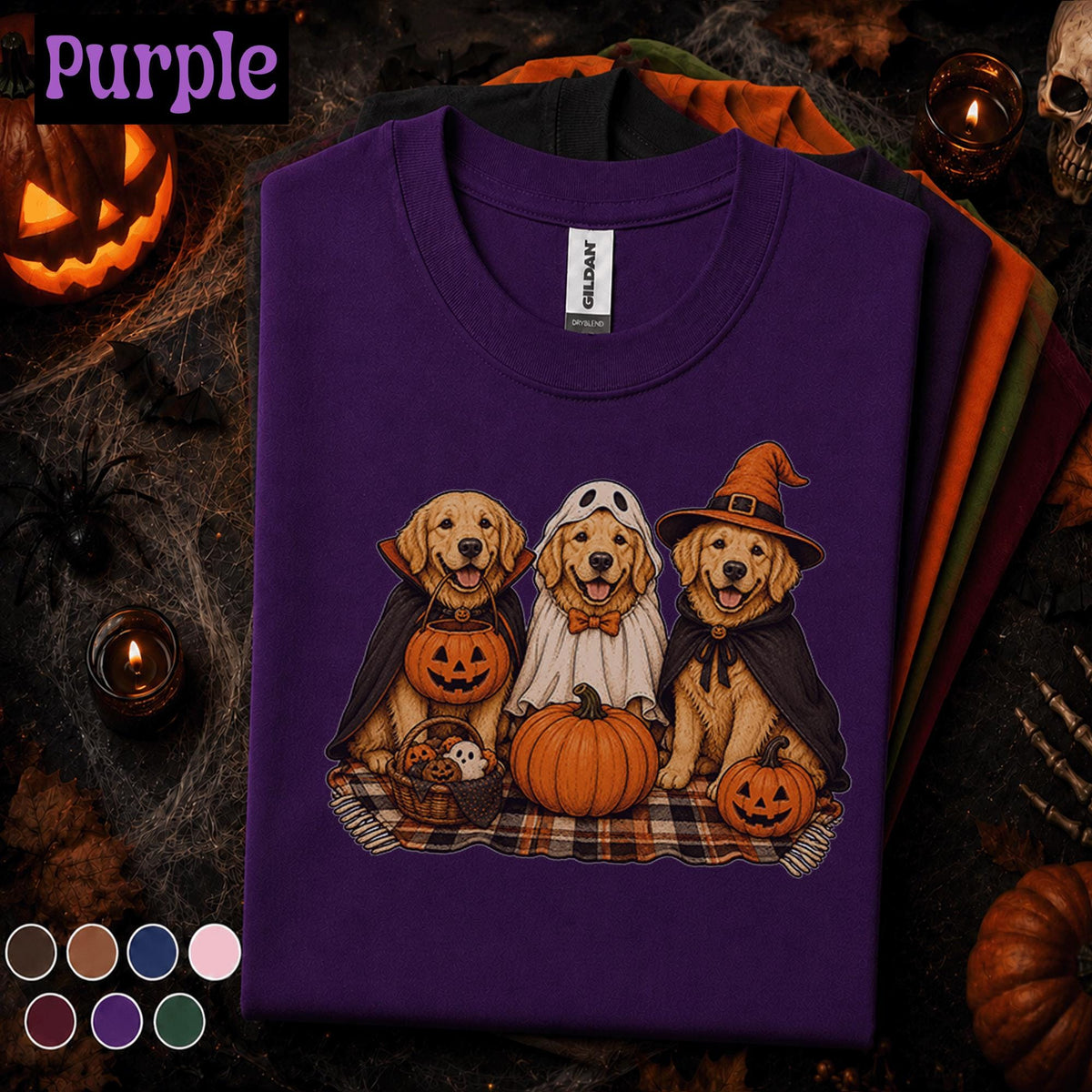 Golden Retriever Halloween Shirt, Three Dogs in Costumes Tee, Cute Ghost Witch Vampire Dog Shirt, Pumpkin Pet Lover Spooky Season Gift