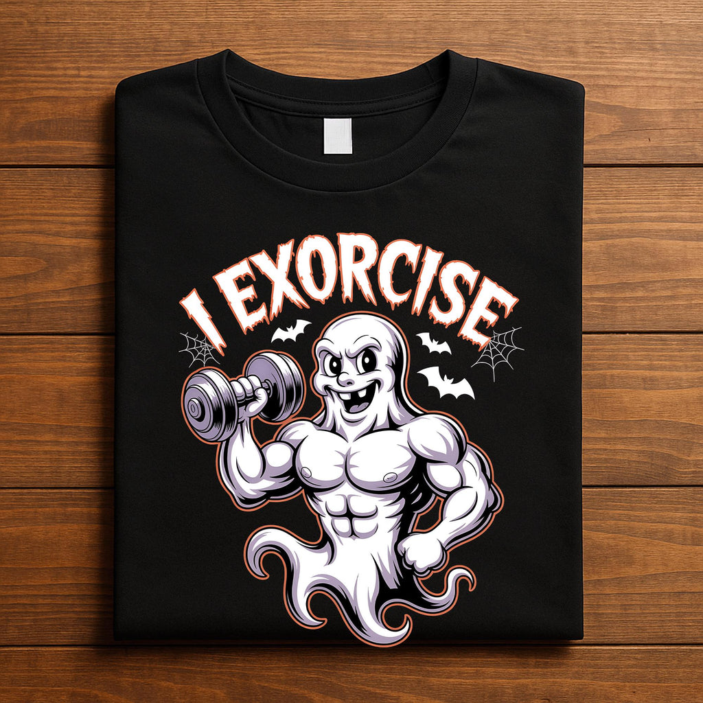I Exorcise Shirt, Muscular Ghost Lifting Dumbbell Gym Tee, Spooky Workout Fitness Costume for Gym Rats & Lifters, Funny Halloween Gym Shirt
