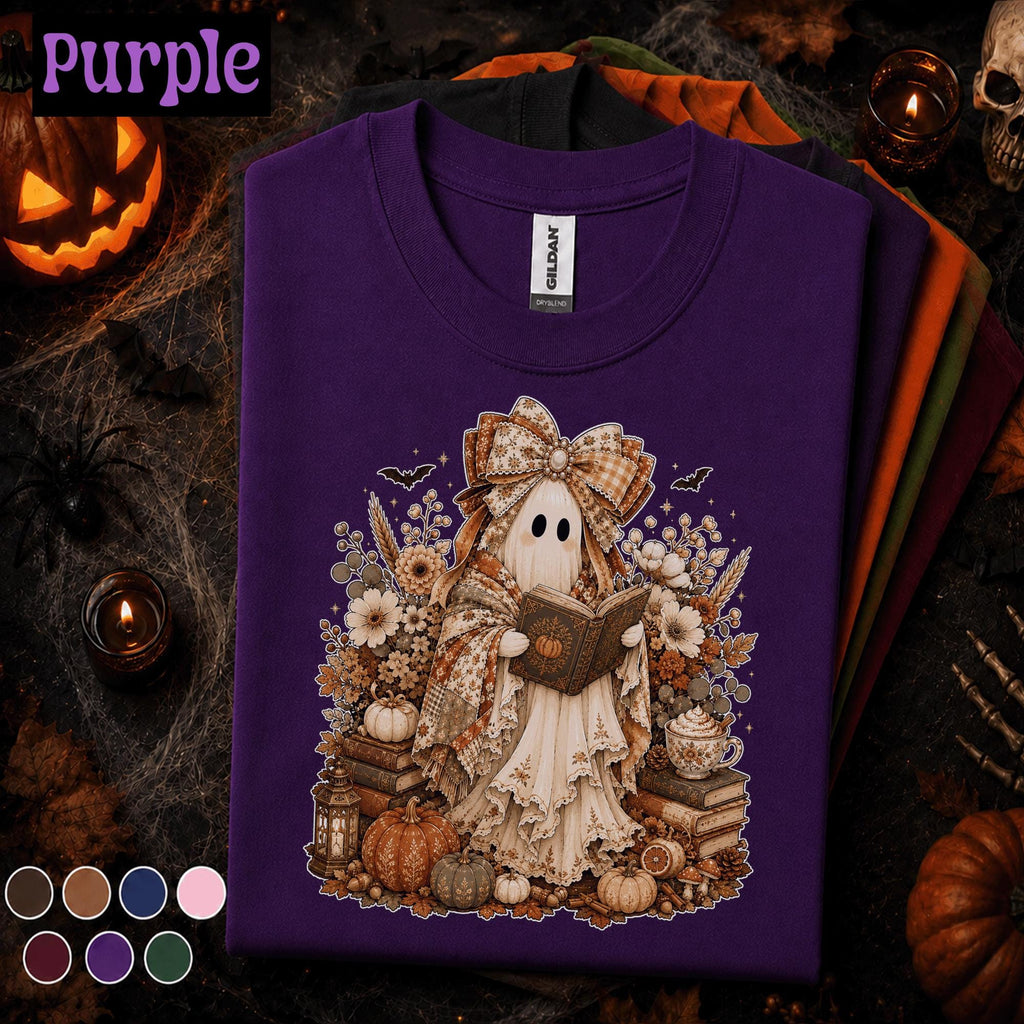 Cozy Reading Ghost Halloween Shirt, Book Lover Tee, Cottagecore Spooky Season Shirt, Cute Fall Reader Librarian Teacher Gift