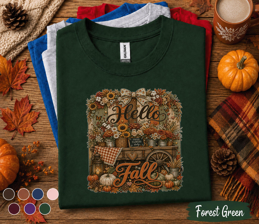 Hello Fall Shirt, Autumn Floral Wagon Tee, Pumpkin Harvest Shirt, Cozy Farmhouse Fall T-Shirt, Thanksgiving Gift for Her, Country Autumn