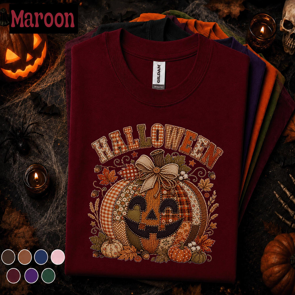 Halloween Patchwork Pumpkin Shirt, Cute Jack O Lantern Tee, Rustic Fall Shirt, Vintage Pumpkin Tee, Spooky Season Gift for Women
