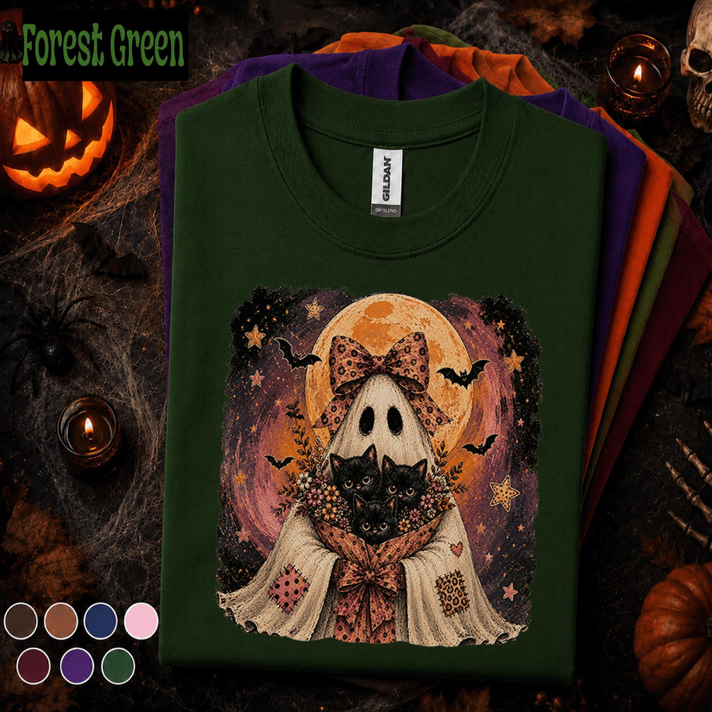 Ghost and Black Cats Halloween Shirt, Cute Spooky Cat Tee, Vintage Ghost T Shirt, Witchy Cat Mom Fall Tee, Halloween Cat Lover Gift