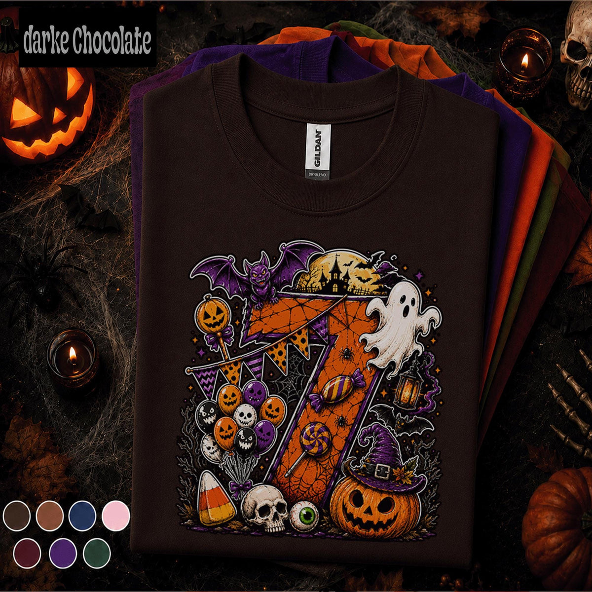 7th Birthday Halloween Shirt, Spooky Number 7 Birthday Tee, October Birthday Party T Shirt, Ghost Pumpkin Witch Kids Halloween Gift Tee