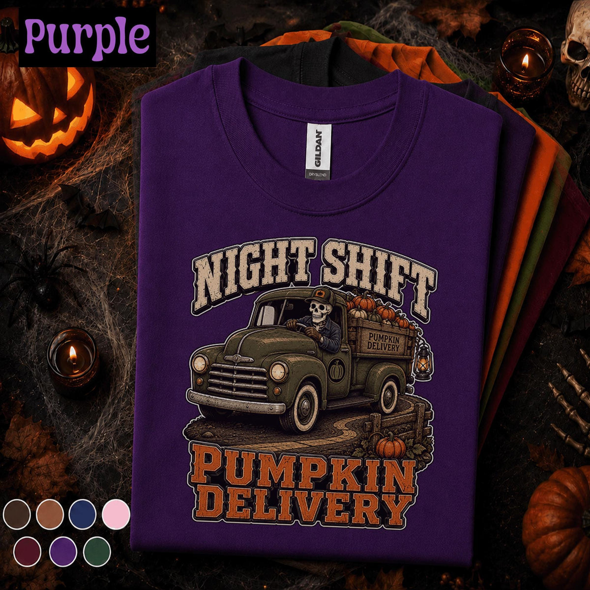 Night Shift Pumpkin Delivery Halloween Shirt, Skeleton Truck Driver Tee, Spooky Trucker Gift, Vintage Fall Pickup Truck Halloween T-Shirt