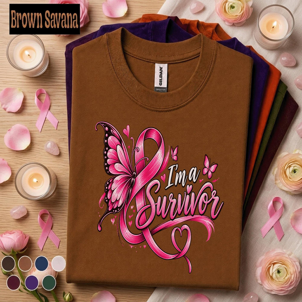 Breast Cancer Survivor Shirt, I'm a Survivor Pink Ribbon Tee, Butterfly Awareness Shirt, Inspirational Warrior Gift for Women Pink October