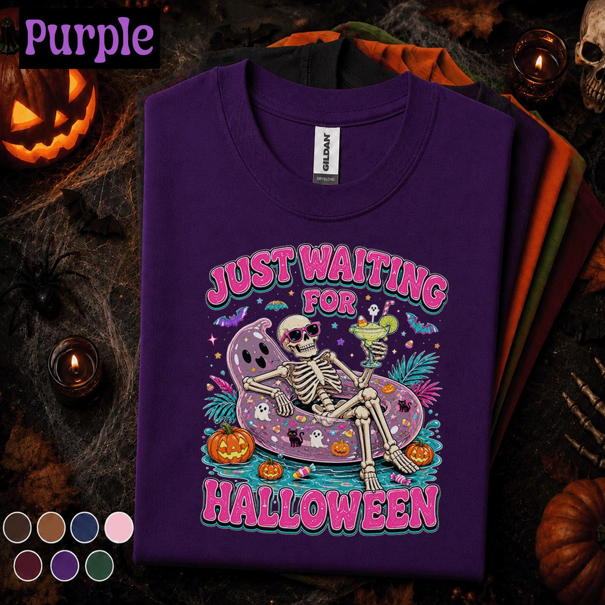 Just Waiting for Halloween Shirt, Funny Skeleton Pool Float Tee, Spooky Summer Halloween Shirt, Pink Halloween Skeleton Gift