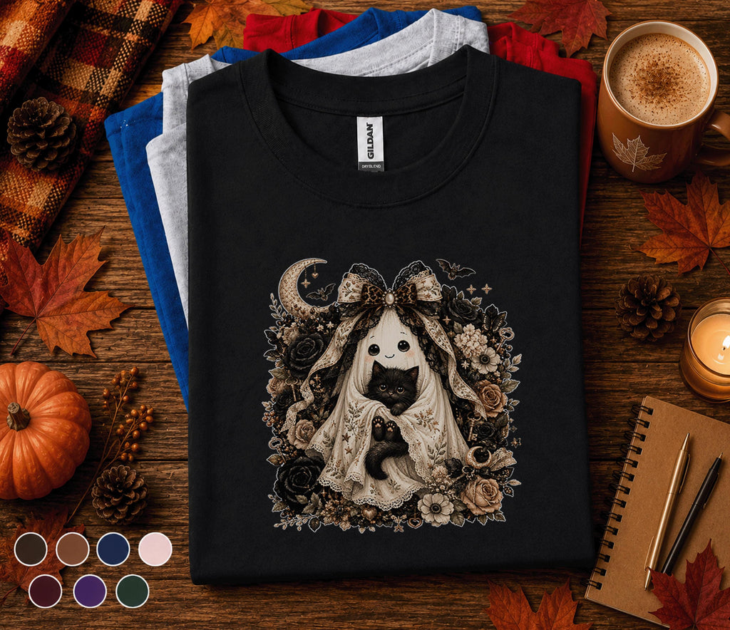 Cute Ghost Cat Halloween Shirt, Black Kitten Boo Tee