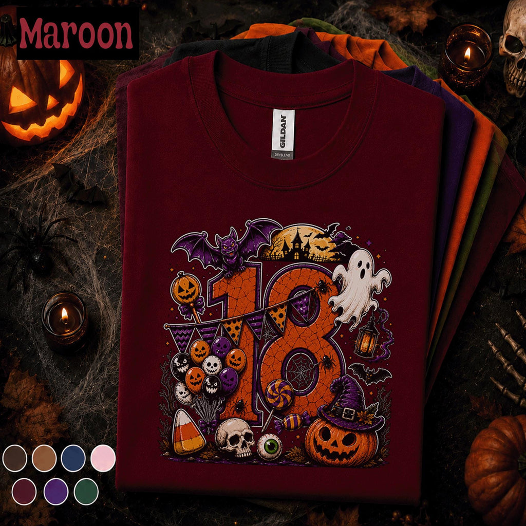 18th Birthday Halloween Shirt, Spooky Number 18 Tee, October Birthday Party Shirt, Ghost Pumpkin Witch Halloween Gift for Teen Girls Boys