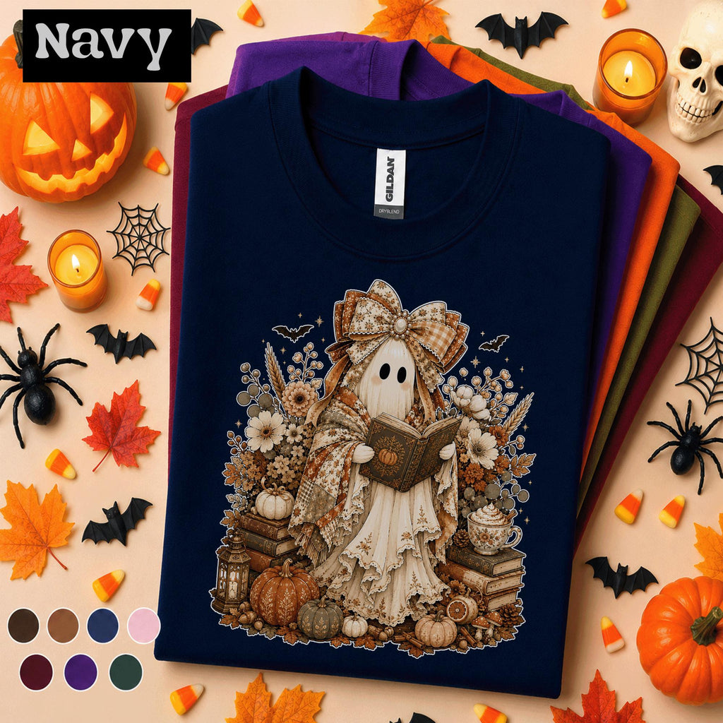 Cozy Reading Ghost Halloween Shirt, Book Lover Tee, Cottagecore Spooky Season Shirt, Cute Fall Reader Librarian Teacher Gift