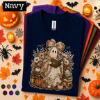 Cozy Reading Ghost Halloween Shirt, Book Lover Tee, Cottagecore Spooky Season Shirt, Cute Fall Reader Librarian Teacher Gift