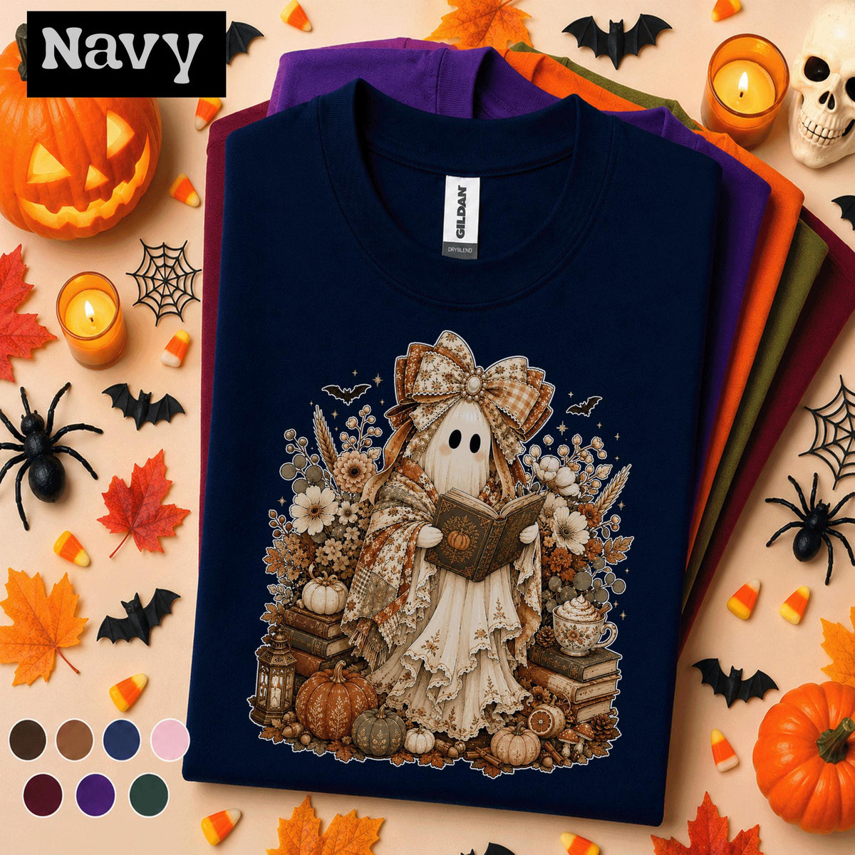 Cozy Reading Ghost Halloween Shirt, Book Lover Tee, Cottagecore Spooky Season Shirt, Cute Fall Reader Librarian Teacher Gift