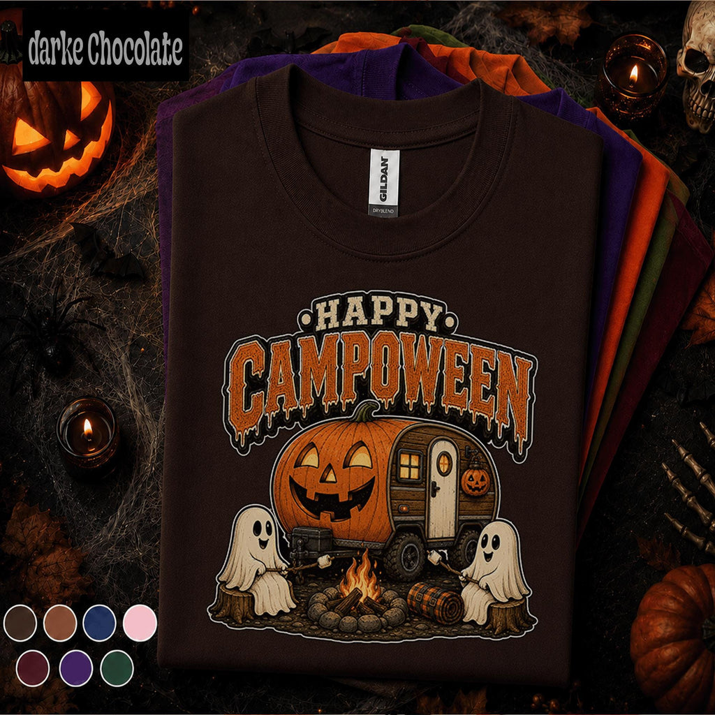 Happy Campoween Halloween Camping Shirt, Cute Ghost Camper Tee, Pumpkin RV Camping Gift, Spooky Campfire Shirt, Fall Camping Tee
