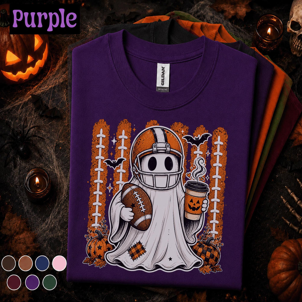 Halloween Football Shirt, Ghost Football Tee, Spooky Game Day Shirt, Pumpkin Coffee Fall Tee, Cute Football Season Gift for Fans