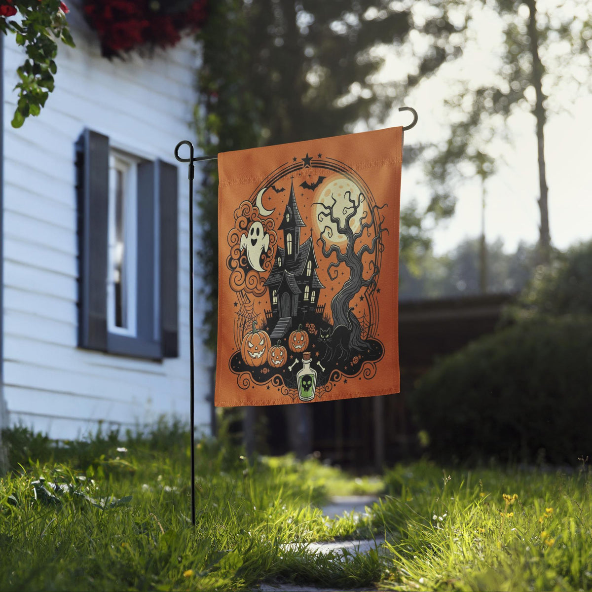 Vintage Halloween Garden Flag | Orange Black Cat Witch Yard Decor | Spooky Pumpkin BOO Banner, Halloween Decoration, Ghost Garden Flag