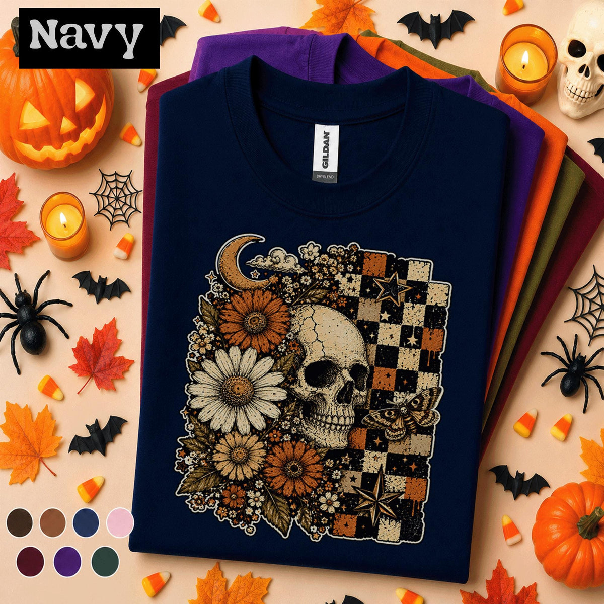 Floral Skull Halloween Shirt, Gothic Daisy T Shirt, Spooky Season Tee, Checkerboard, Celestial Witchy Fall Gift for Women