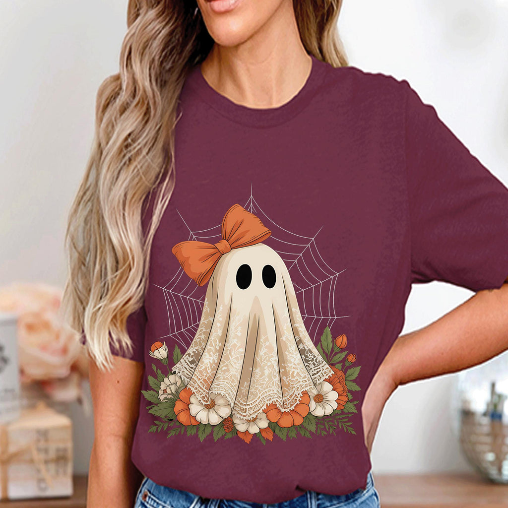 Girly Ghost Lace Shirt, Cute Halloween Spirit Bow Tee, Spooky Floral Haunted Top, Women Halloween Shirt, Girl Ghost Halloween Sweatshirt